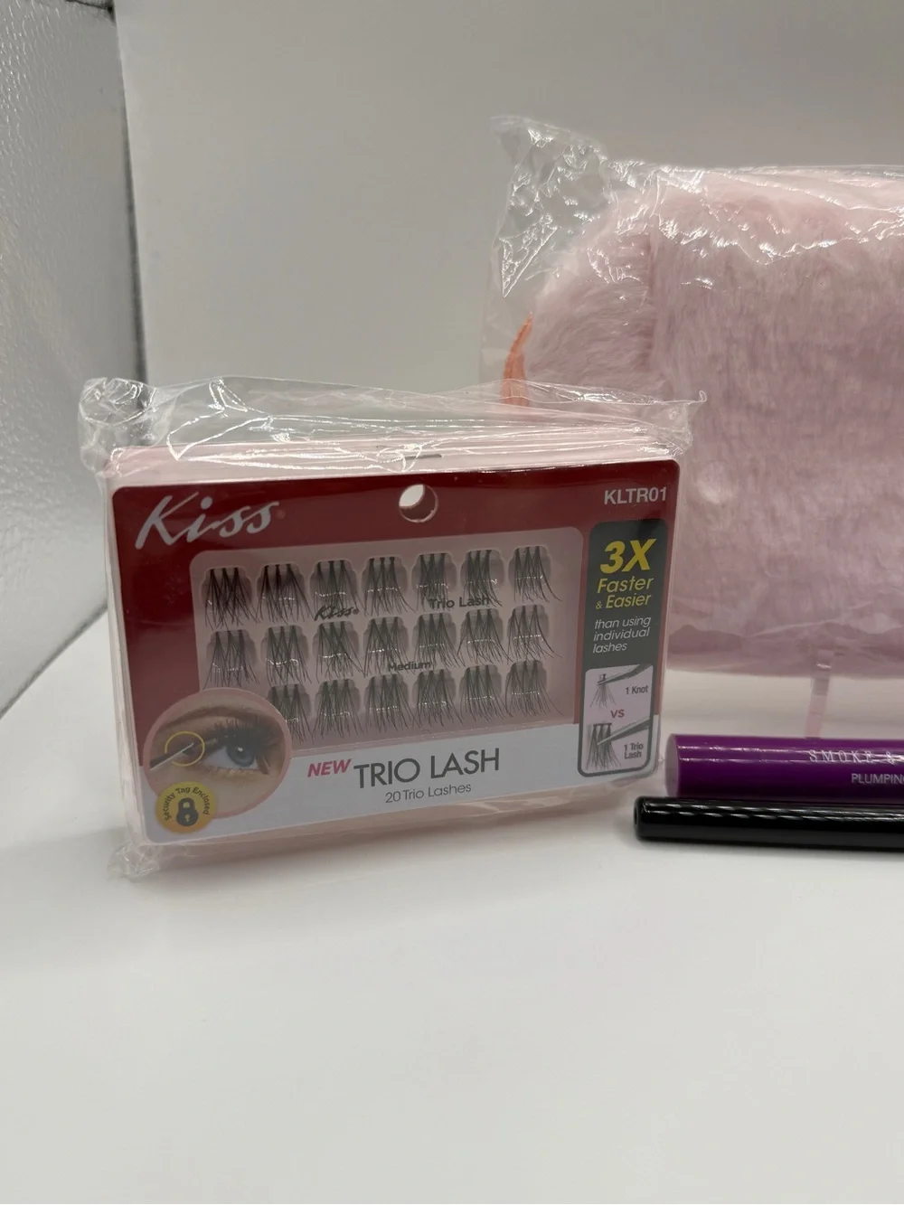 5pc Beauty Bundle with Kiss Eye Liner Glue and Lash Kit & Pink Fuzzy Pouch